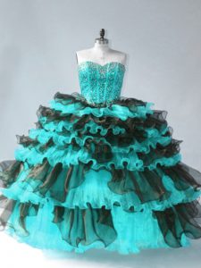 Edgy Floor Length Blue And Black Quinceanera Gowns Sweetheart Sleeveless Lace Up