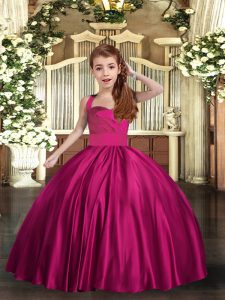 Fuchsia Satin Lace Up Kids Pageant Dress Sleeveless Floor Length Ruching