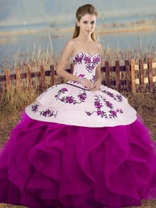 Excellent Fuchsia Sweetheart Lace Up Embroidery and Ruffles and Bowknot Quince Ball Gowns Sleeveless