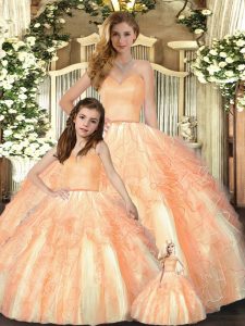 Designer Orange Ball Gowns Sweetheart Sleeveless Organza Floor Length Lace Up Beading and Ruffles Vestidos de Quinceanera