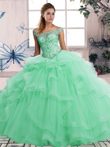 Super Tulle Off The Shoulder Sleeveless Lace Up Beading and Ruffles Quinceanera Dresses in Apple Green
