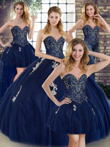 Navy Blue Sleeveless Beading and Appliques Floor Length Quinceanera Gown