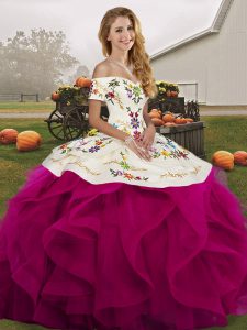 Cute Off The Shoulder Sleeveless Quince Ball Gowns Floor Length Embroidery and Ruffles Fuchsia Tulle