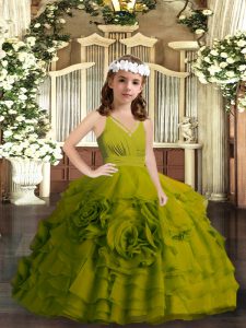 Stylish Ruffled Layers Pageant Dress Wholesale Olive Green Zipper Sleeveless Floor Length