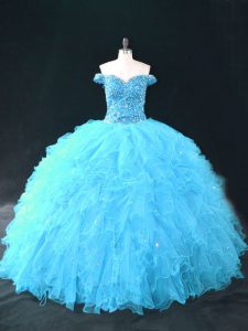 Floor Length Lace Up Vestidos de Quinceanera Aqua Blue for Sweet 16 and Quinceanera with Beading and Ruffles