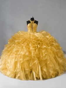 Gold Sweet 16 Dress Sweet 16 and Quinceanera with Beading and Ruffles High-neck Sleeveless Zipper