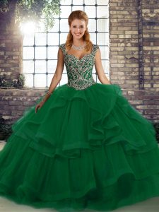High Quality Green Straps Neckline Beading and Ruffles Quince Ball Gowns Sleeveless Lace Up
