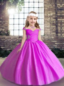 Lilac Sleeveless Floor Length Beading Lace Up Kids Pageant Dress