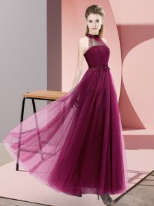 Noble Fuchsia Tulle Lace Up Halter Top Sleeveless Floor Length Quinceanera Court Dresses Beading and Appliques