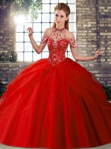 Glittering Red Ball Gowns Halter Top Sleeveless Tulle Brush Train Lace Up Beading and Pick Ups 15 Quinceanera Dress