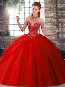 Glittering Red Ball Gowns Halter Top Sleeveless Tulle Brush Train Lace Up Beading and Pick Ups 15 Quinceanera Dress