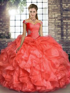 Coral Red Off The Shoulder Lace Up Beading and Ruffles Vestidos de Quinceanera Sleeveless