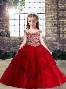 Red Ball Gowns Off The Shoulder Sleeveless Tulle Floor Length Lace Up Lace and Appliques Pageant Gowns For Girls