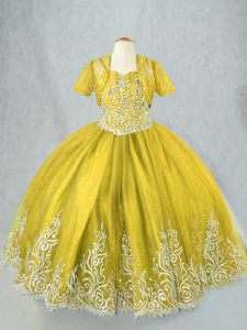 Dazzling Olive Green Lace Up Little Girls Pageant Dress Beading and Embroidery Sleeveless Floor Length