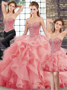 Watermelon Red Sweetheart Neckline Beading and Ruffles Vestidos de Quinceanera Sleeveless Lace Up