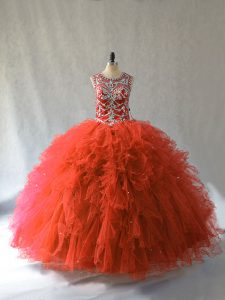 Tulle Scoop Sleeveless Lace Up Beading and Ruffles Sweet 16 Dresses in Orange Red