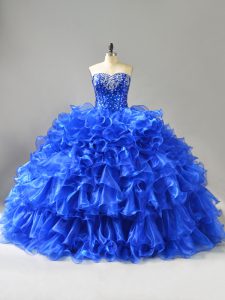Hot Selling Royal Blue Lace Up Quinceanera Gowns Beading and Ruffles Sleeveless