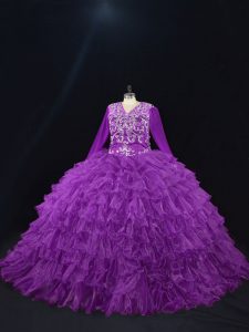 Purple Ball Gowns V-neck Long Sleeves Organza Floor Length Lace Up Beading and Ruffled Layers Ball Gown Prom Dress