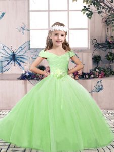 Custom Design Lace Up Off The Shoulder Lace and Belt Child Pageant Dress Tulle Sleeveless