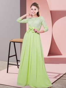 Yellow Green Scoop Neckline Lace and Belt Dama Dress 3 4 Length Sleeve Side Zipper