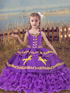 Perfect Lavender Lace Up Straps Beading and Embroidery and Ruffled Layers Little Girls Pageant Dress Organza Sleeveless