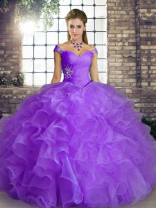 Lovely Lavender Sleeveless Organza Lace Up Sweet 16 Quinceanera Dress for Military Ball and Sweet 16 and Quinceanera