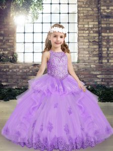Latest Lavender Sleeveless Floor Length Lace and Appliques Lace Up Little Girls Pageant Gowns