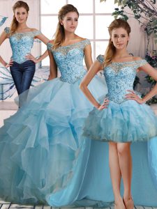 Sleeveless Organza Floor Length Lace Up Sweet 16 Dress in Light Blue with Beading and Ruffles