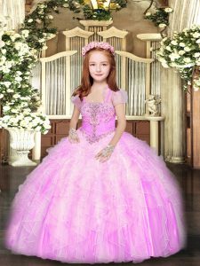 Straps Sleeveless Tulle Child Pageant Dress Beading and Ruffles Lace Up