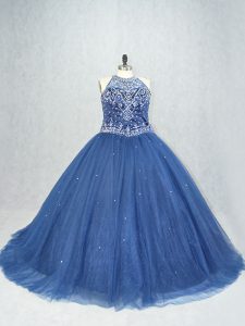 Super Navy Blue Sweet 16 Quinceanera Dress Tulle Brush Train Sleeveless Beading