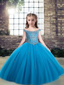 Glorious Baby Blue Ball Gowns Tulle Off The Shoulder Sleeveless Beading Floor Length Lace Up Little Girl Pageant Dress