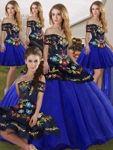 Customized Royal Blue Tulle Lace Up Sweet 16 Dresses Sleeveless Floor Length Embroidery