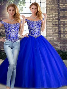 Artistic Sleeveless Tulle Brush Train Lace Up Vestidos de Quinceanera in Royal Blue with Beading