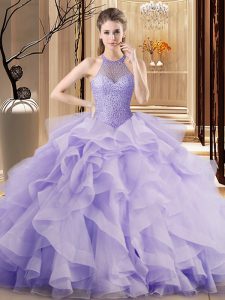 Lavender Ball Gowns Organza Halter Top Sleeveless Beading and Ruffles Lace Up Quince Ball Gowns Sweep Train