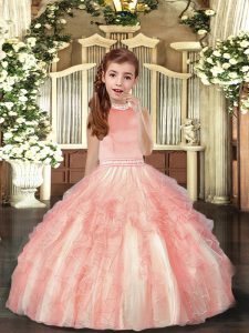 Elegant Halter Top Sleeveless Tulle Little Girls Pageant Gowns Beading and Ruffles Backless