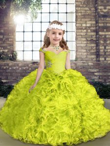 Yellow Green Sleeveless Floor Length Beading Lace Up Kids Pageant Dress