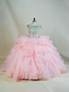 Lovely Beading and Ruffles Quinceanera Gowns Pink Lace Up Sleeveless Brush Train