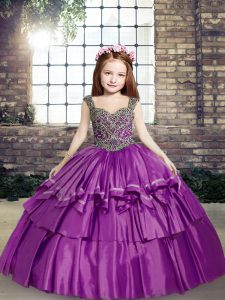Pretty Purple Taffeta Lace Up Little Girls Pageant Gowns Sleeveless Floor Length Beading