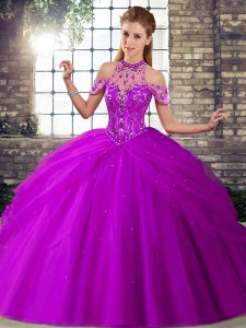 Inexpensive Purple Halter Top Neckline Beading and Pick Ups Vestidos de Quinceanera Sleeveless Lace Up