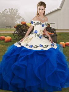 High Class Royal Blue Off The Shoulder Neckline Embroidery and Ruffles Quinceanera Dress Sleeveless Lace Up