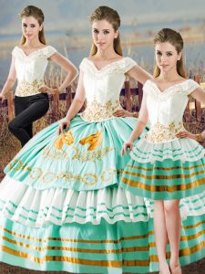 Sleeveless Floor Length Embroidery and Ruffled Layers Lace Up Sweet 16 Quinceanera Dress with Apple Green