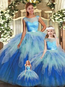 Discount Multi-color Tulle Backless Scoop Sleeveless Floor Length Quinceanera Gowns Beading and Ruffles