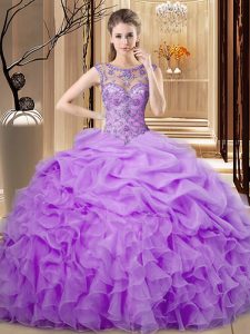 Popular Lavender Lace Up Scoop Beading and Ruffles and Pick Ups Ball Gown Prom Dress Organza Sleeveless