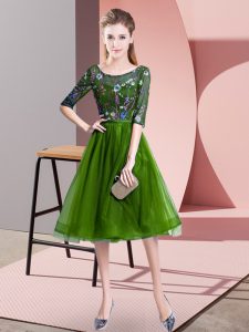 Fabulous Scoop Half Sleeves Damas Dress Knee Length Embroidery Green Tulle