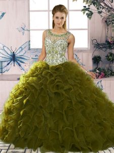 Stylish Olive Green Ball Gowns Scoop Sleeveless Organza Floor Length Lace Up Beading and Ruffles Quinceanera Gowns