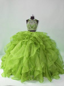 Beautiful Backless Vestidos de Quinceanera Green for Sweet 16 and Quinceanera with Beading and Ruffles Brush Train