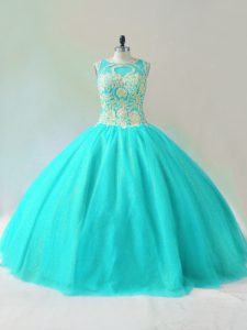 Tulle Scoop Sleeveless Lace Up Beading Sweet 16 Dresses in Aqua Blue