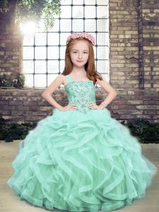 Apple Green Ball Gowns Straps Sleeveless Tulle Floor Length Lace Up Beading and Ruffles Child Pageant Dress