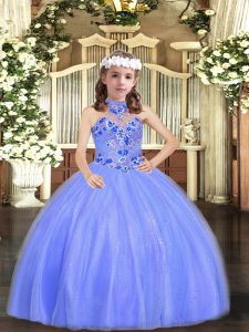Custom Made Blue Tulle Lace Up Halter Top Sleeveless Floor Length Pageant Dress Appliques