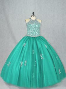 Sleeveless Lace Up Floor Length Beading and Appliques Ball Gown Prom Dress